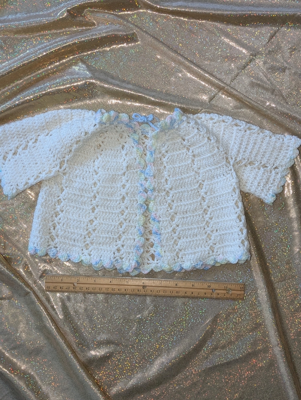 Handmade White Crochet Baby Cardigan with Pastel Trim